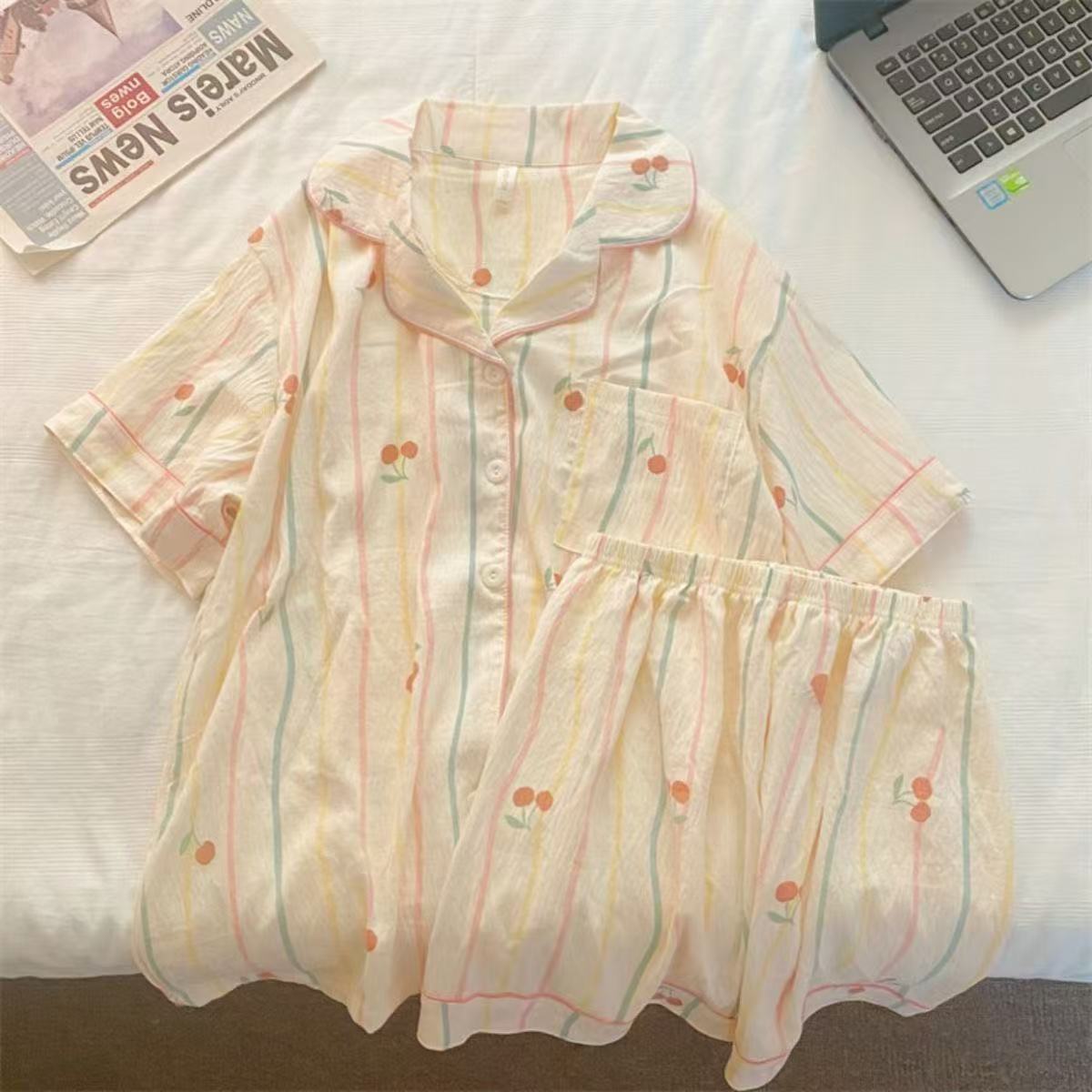 Niña linda solapa pijama de gasa mujer verano oso algodón y lino pantalones cortos de manga corta camisón traje de servicio a domicilio simple image 11
