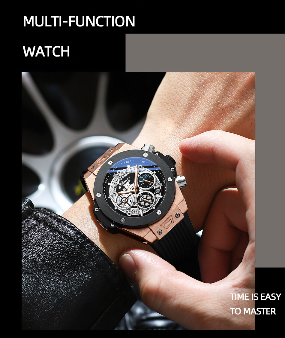 New Hot Selling Morning Dawn Multifunctional Cool Men's Watch Geometric Rivet Moonlight Timing Glow Men's Quartz Watch_voghion.com