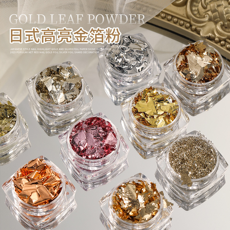 Trendy Japanese-Style High-Gloss Gold Foil Nail Art Decorations Silver Foil Fragments Phototherapy Nail Stickers Ultra-Thin 9 Colors Wholesale