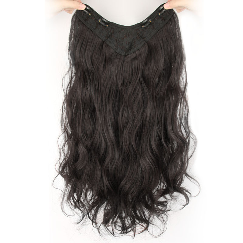 Peluca pieza de una pieza en forma de V clip de pelo sin costuras extensión de pelo parche almohadilla pelo largo rizado pieza de pelo hembra xuchang en stock venta al por mayor