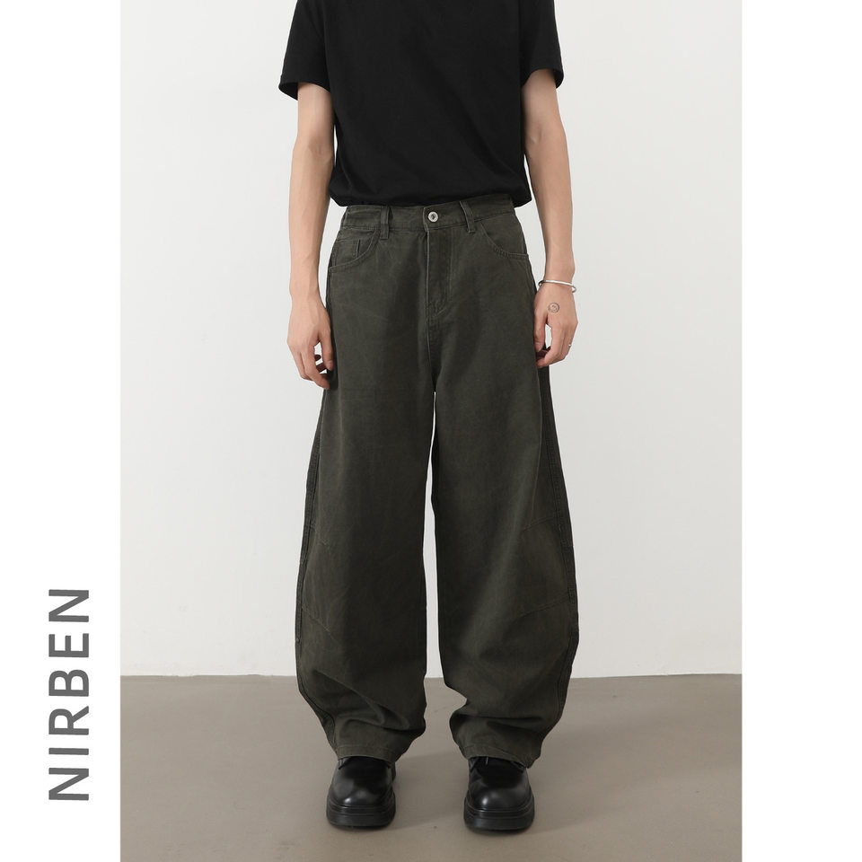 Quần jeans nam ống rộng lưng thun nửa, dáng suông thoải mái — Màu xanh quân đội, màu xám nhạt, màu xám đen, đen