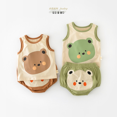 Infant summer suit children's new cartoon sleeveless vest male and female baby cute big pp pants newborn