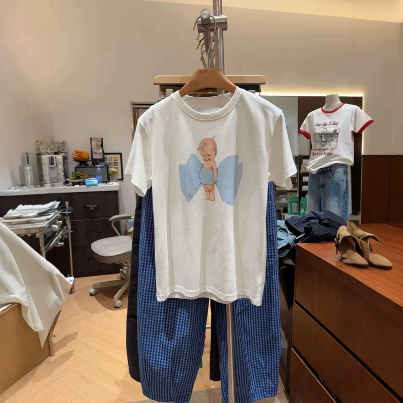 In Stock with Free Shipping: Korean and Japanese Pure Cotton Summer New Style Loose Versatile Cute Cartoon Print Short-Sleeve T-Shirt for Women