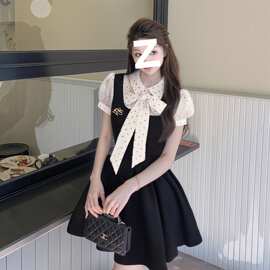 温柔甜美蝴蝶结波点收腰连衣女夏miu系千金高级感假两件蓬蓬短裙