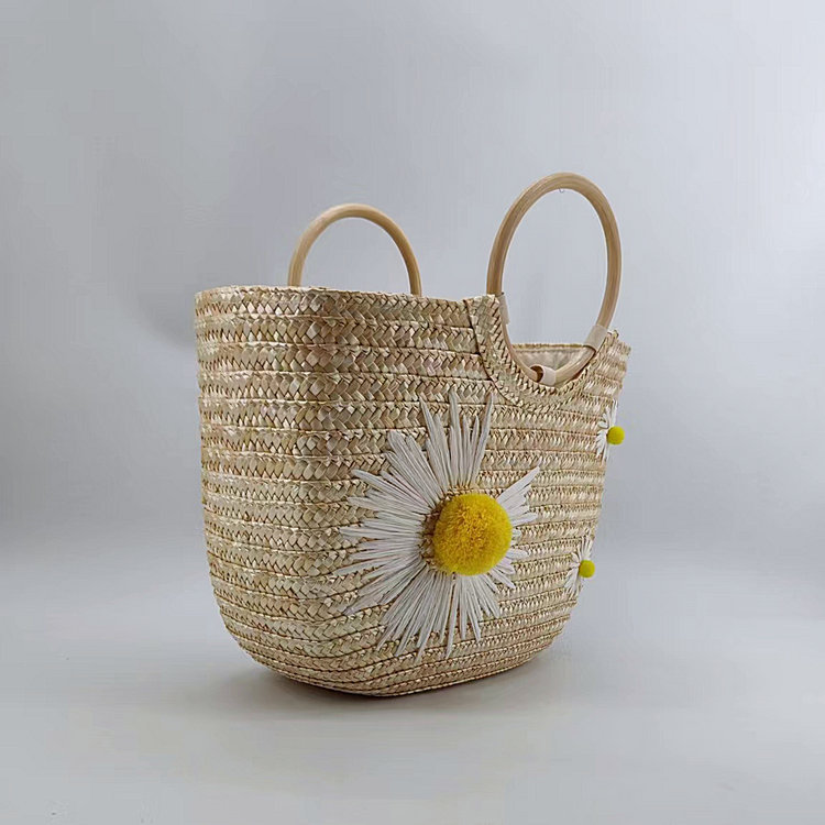 Double Handle Strap Type Handbag Bags Type Casual, Holiday, Travel Occasion Women's Straw Grass Flower Beach Embroidery Dumpling Shape String Handbag