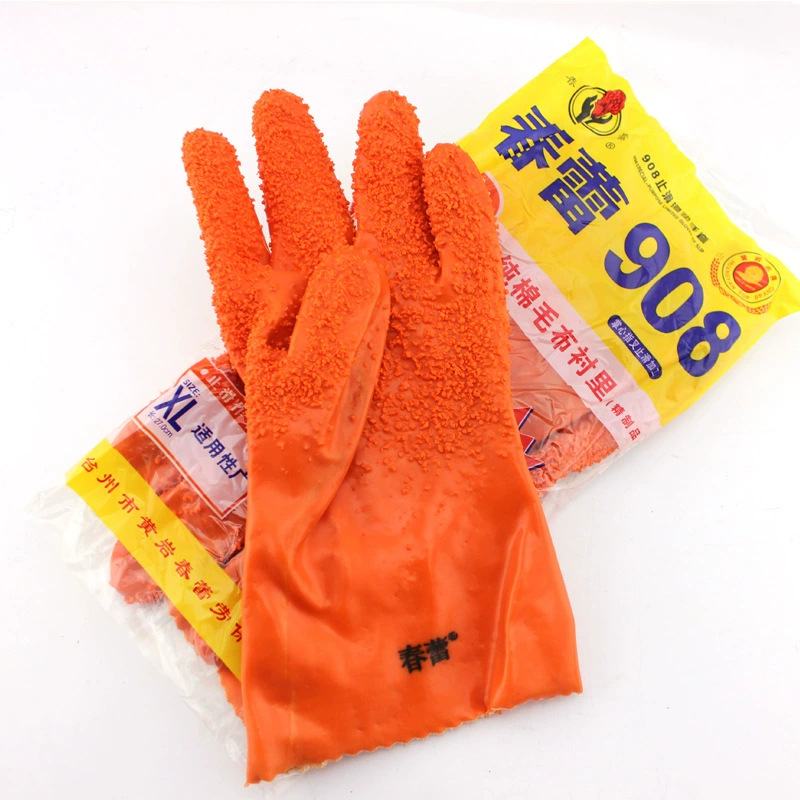 全浸塑春蕾 908pvc抗油耐刺穿颗粒止滑水产工业橡胶劳保手套批发