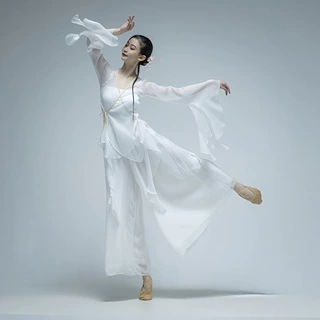 古典舞蹈服女飘逸练功服艺考演出服中国舞身韵舞蹈白色纱衣仙古风