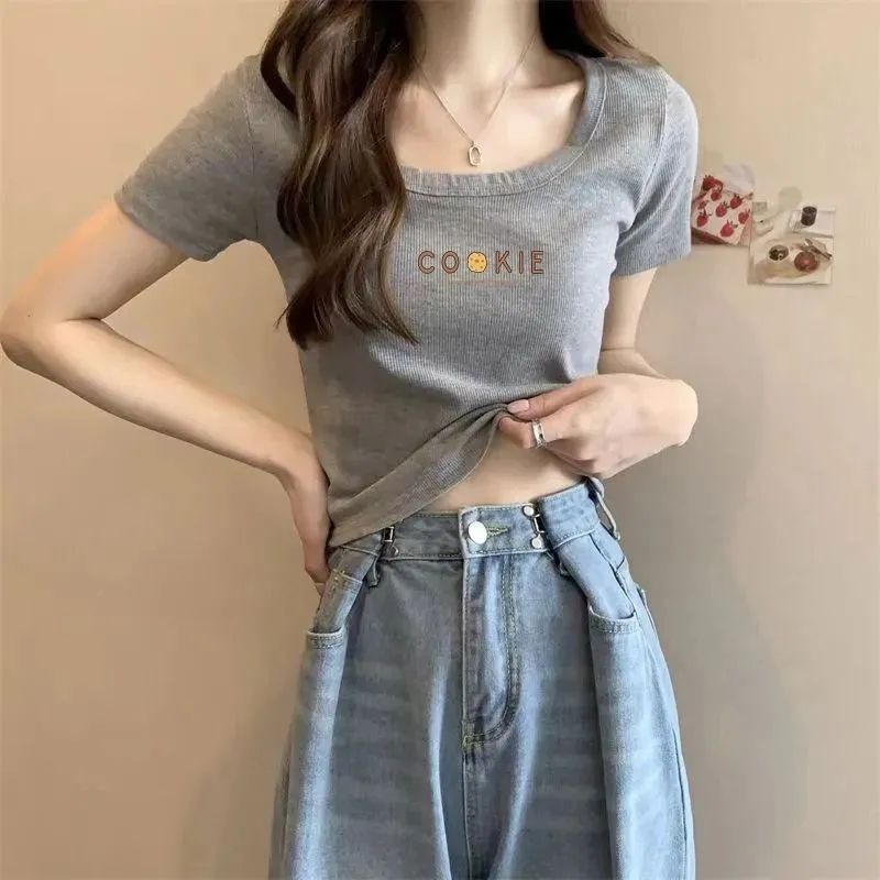 アイスシルクスレッドTシャツ夏の新しい甘辛スタイルスリムフィットショートトップ右肩半袖Tシャツ女性用イントレンド|undefined