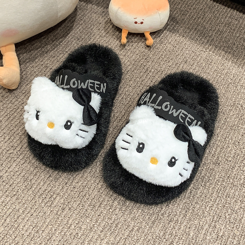 子供の少女風kitty猫毛羽立ちスリッパ女性秋冬ファッション家庭学生半引き外着開口綿引き|undefined