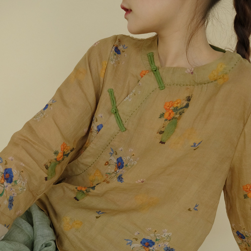 Original light Chinese painting printed ramie shirt artistic Zen tea suit loose top S23064