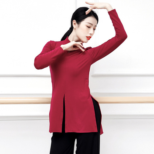 Women's square classical modern dance cheongsam high stand collar Tai Chi slit crotch top adult art exam dance practice clothes