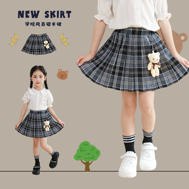 A-line Spring and Summer Skirts for Girls with Pleats, College Style JK School Uniforms for Children, Baby Waistband Short Skirts, Half Body Dresses