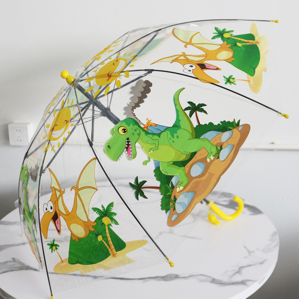 Niños panda paraguas transparente estudiante POE dibujos animados de plástico mango largo dinosaurio ins paraguas impresión LOGO regalo publicitario