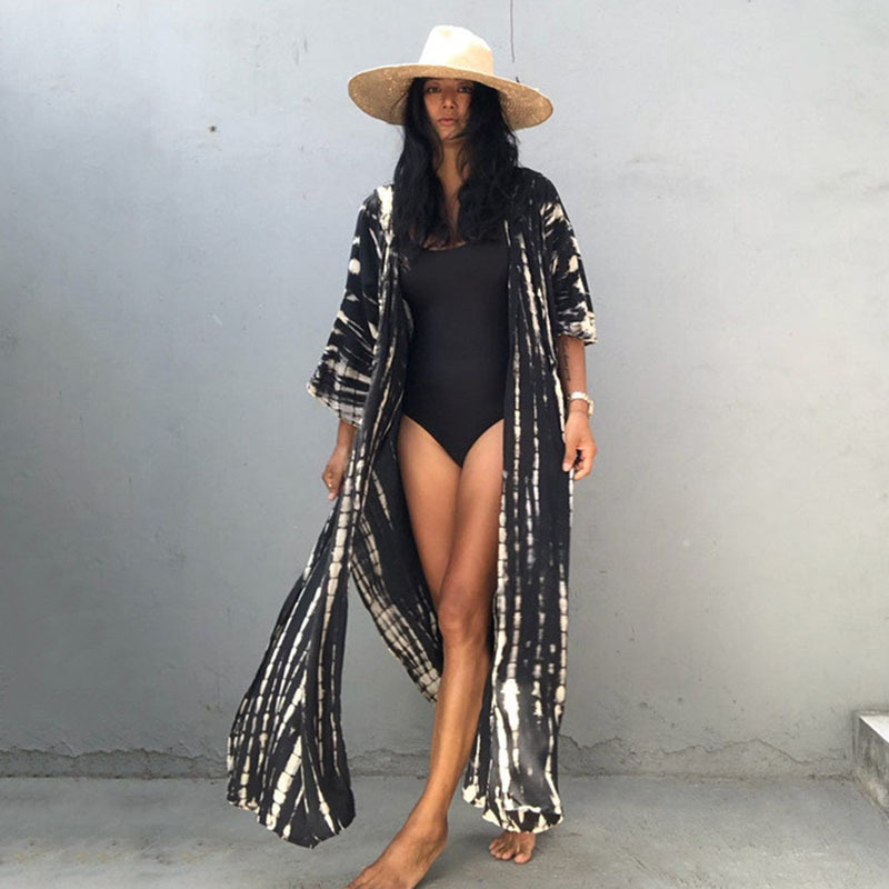 Rayon Water Print Bikini Cover up Loose Dress Sexy Cardigan Beach Sun Protection Shirt European American Style Women's Clothing Swimwear_ecoleips.com