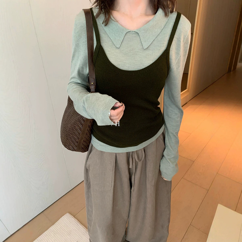Yisao 2026 Autumn Korean Retro Two-Piece Wool Knit Sweater + Camisole Set for Women