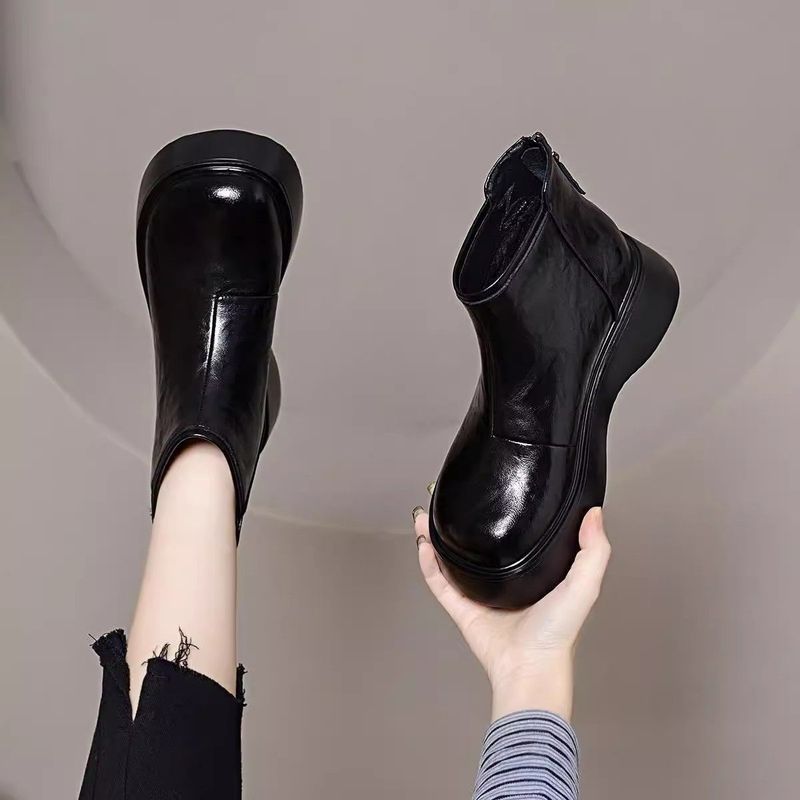 软皮厚底女靴2025年秋冬新款圆头松糕底复古百搭女靴亮面加绒舒适|undefined