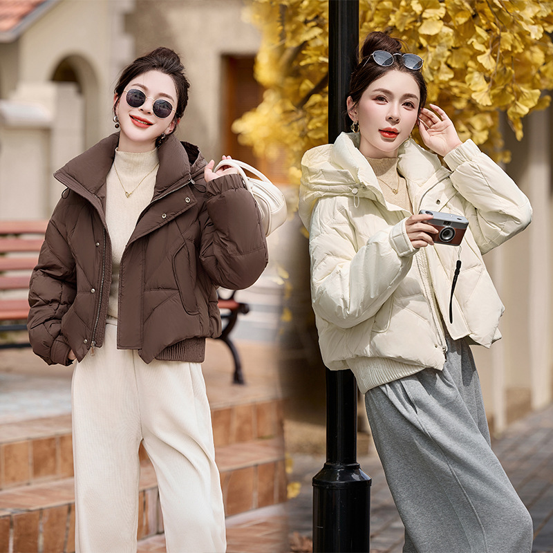 여성용 숏 다운 재킷 2025 겨울 신상 슬림핏 고급스러운 캐주얼 후드 화이트 덕다운 보온 재킷