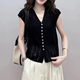 Korean-style 2024 Summer New All-match Slimming Hollow-out Pit Knitted Soft V-neck Small Flying Sleeve Buckle Shirt for Women