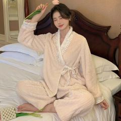新款冬季睡衣甜美厚绒睡衣V领蝴蝶结绑带百搭舒适保暖居家可外穿