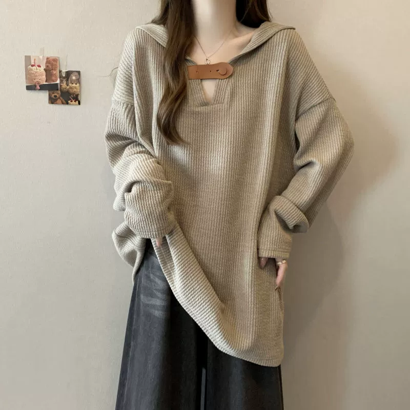 Большой размер женщины слегка толстый мм ретро дизайн свободный большой вариант свитер женский ленивый ветер расслабляющий топ с длинными рукавами