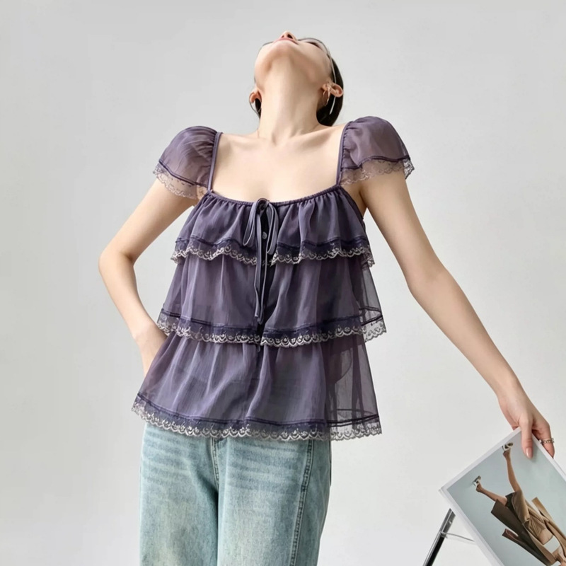 Lili/French-Style Square Neck Puff Sleeve Ruffle Lace Purple Korean-Style Beautiful Camisole for Women Summer