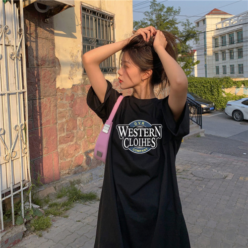 6535 cotton summer new Korean style loose letter print student slit short-sleeved mid-length dress for women INS