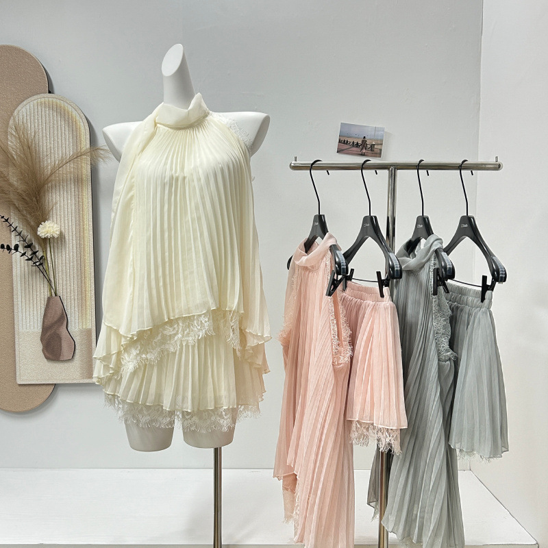 服の女性の夏のスーツ白い雲甘い愛サマースタイルレースホルターネックノースリーブトップシフォンツーピースセット2025新しいスタイル|undefined