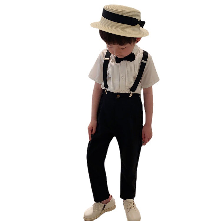 Children's strap set 2021 summer new short sleeve shirt two piece flower girl dress boys' performance clothes wholesale