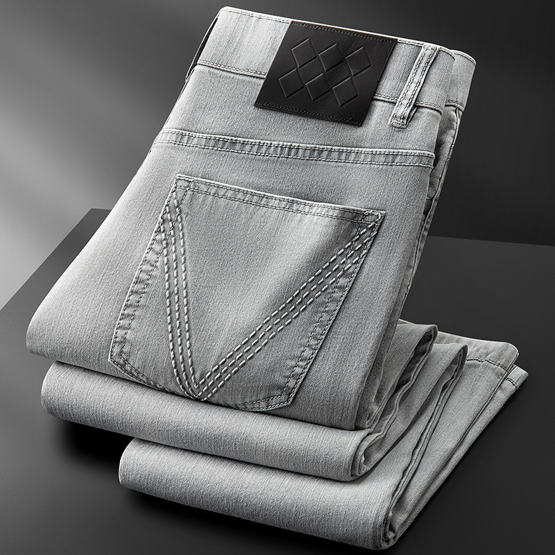 Summer Thin Ice Silk Lyocell Cotton Jeans for Men, Straight Slim Fit, Washed, Stretchy, High-End Gray Casual Pants for Men