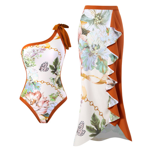 2025 Sexy One-piece Swimsuit Women's European and American Retro Off-shoulder Swimwear Chiffon Beach Dress Swimsuit Set