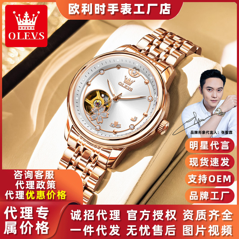 Dropshipping Oulisi New Brand Automatic Watch Hollow Mechanical Watch Niche Waterproof Women's Watch with Steel Band