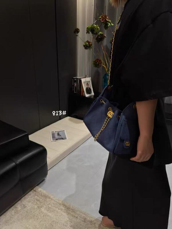 高级感菱格小香风水桶包链条单肩托特包抽带单肩包2025新款腋下包|undefined