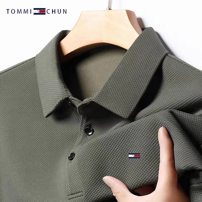 Authentic American Tommy Spring and Autumn Men's Long-Sleeve Polo Shirt with a Turn-Down Collar, Solid Color Base Shirt