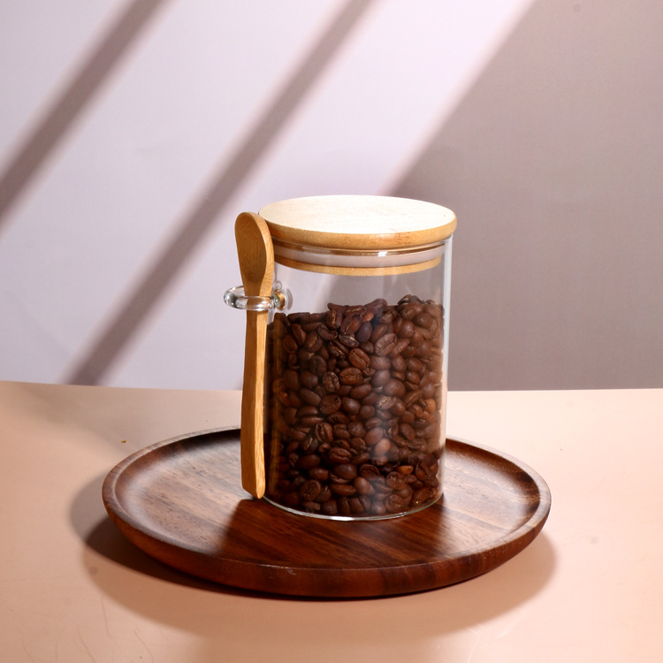 Wholesale con cucharas de vidrio, granos de café, flores de té, tanque de almacenamiento sellado con cucharas de mantenimiento fresco, condimento circular, tanque de almacenamiento