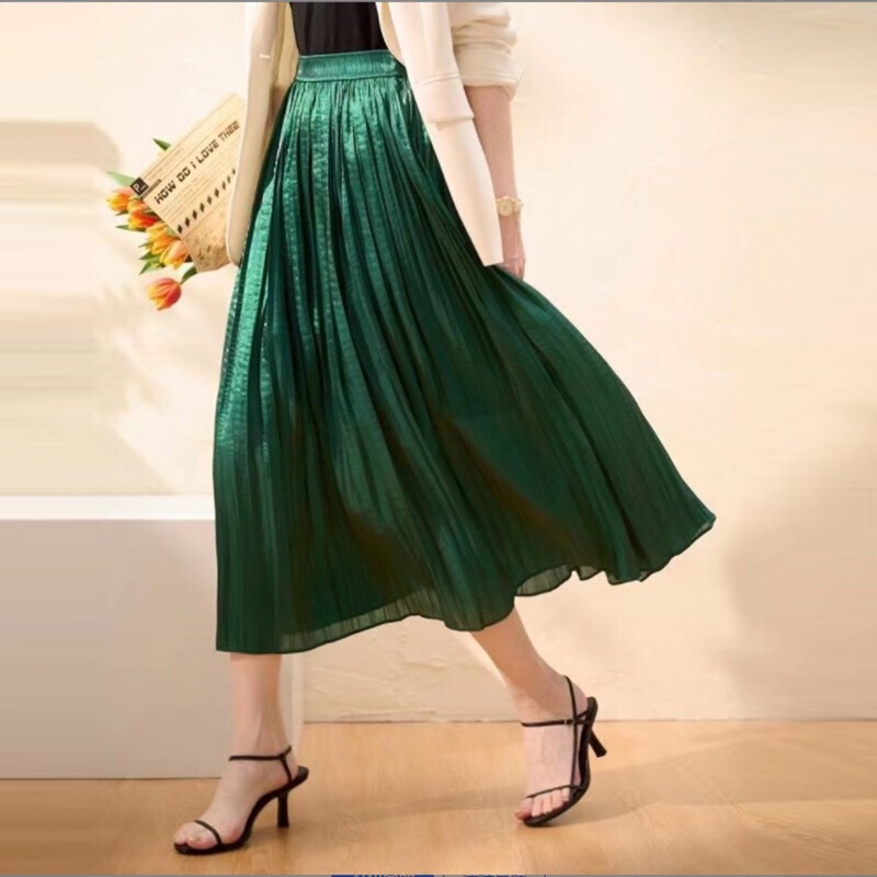 European Station Slimming Mermaid Glossy Fairy Skirt Women's Summer High Waist Large Swing Mid-length Willow Streamed Yarn Pleated Skirt