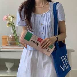 韩系温柔甜美少女蓝色条纹花边拼接衬衫图片色无袖花瓣袖有吊牌