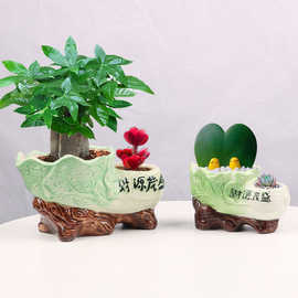 陶瓷花盆花卉盆粗陶简约绿植发财树花盆双口盆连体花盆多肉小花盆