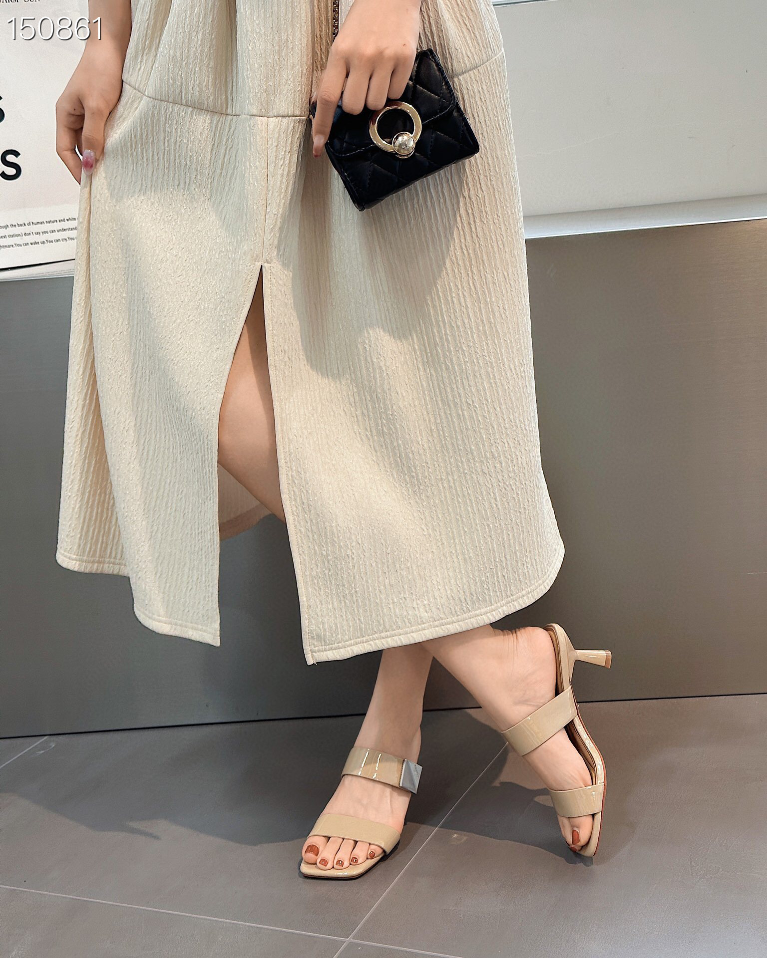 Sandal cao gót hở mũi quai ngang da thật mùa hè gót vuông 7 cm — Màu trắng be, Màu mơ chi tiết 4