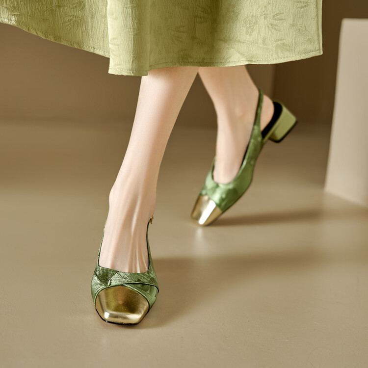 Sandal bít mũi nữ da bò phối màu gót thô 5 cm — Màu xanh lá, Màu mơ chi tiết 21