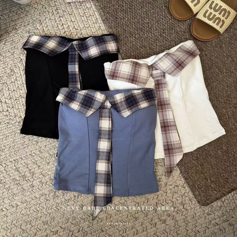 Hot Girl College Style Plaid Tie Tube Top Non-Slip Vest for Women with Breast Pads Slim Fit Inner Top with Backless Design