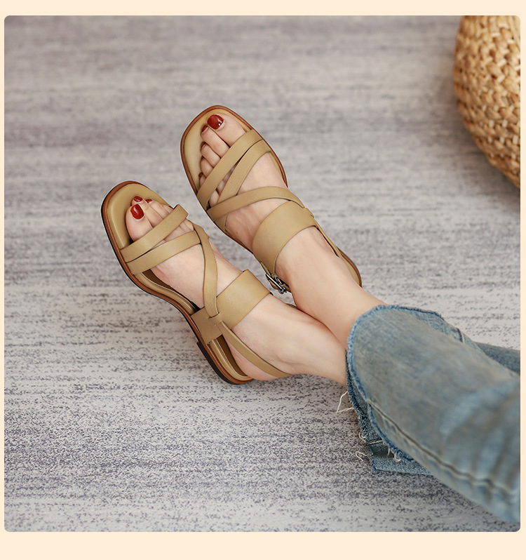 Sandal nữ quai ngang mảnh hở mũi đế bệt phong cách La Mã — Màu be chi tiết 7