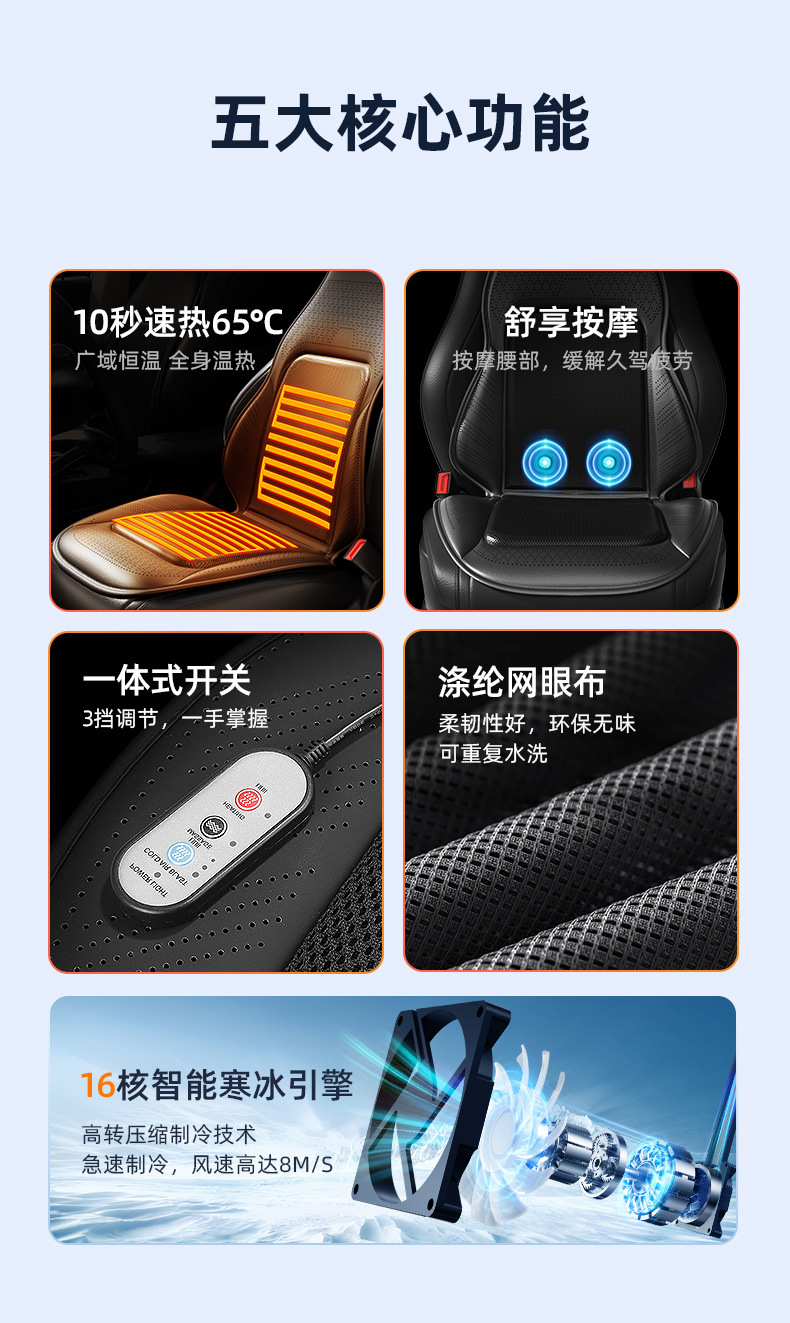 Summer Ventilated Cooling Car Seat Cushion with Integrated Headrest, USB Interface, Leather and Ice Silk Breathable Car Mat for Trucks and Sedans