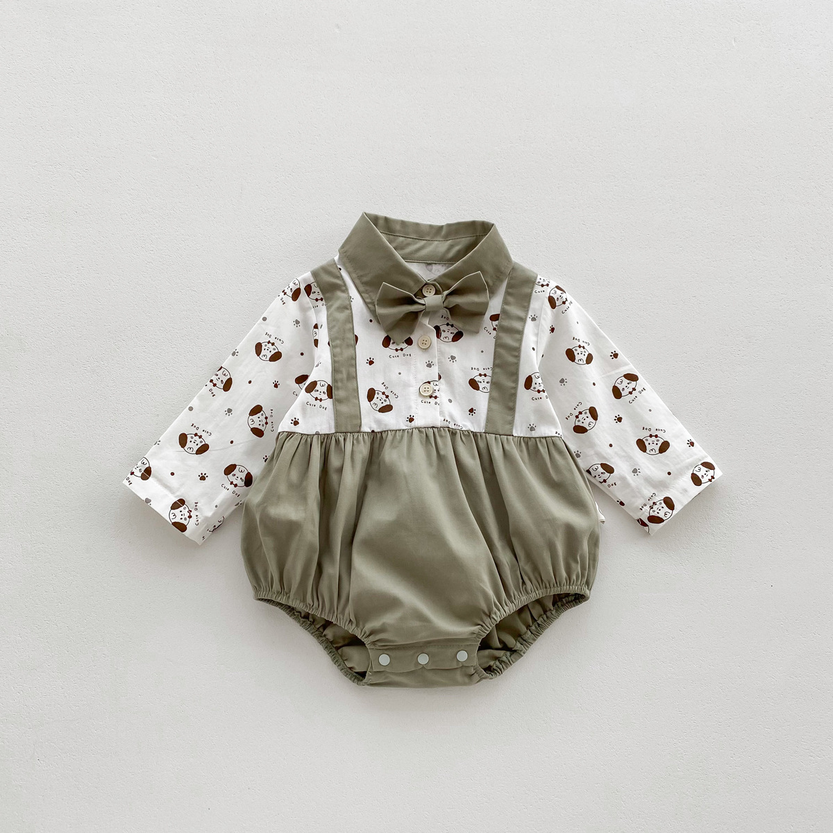 Mono del bebé otoño Niño de dibujos animados impreso ropa bebé recién nacido falso dos piezas Caballero pajarita camisa mameluco