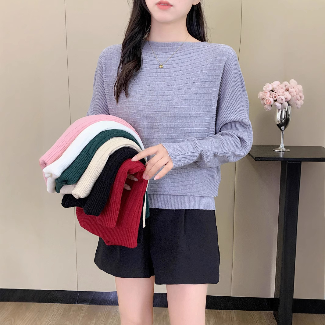 跨境蝙蝠袖毛衣女2026春秋新款宽松一字领打底长袖针织衫红色上衣