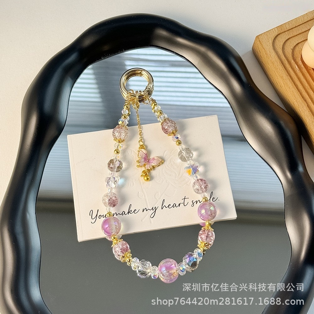 Nuevo estilo chino de alta calidad cadena de teléfonos móviles cristal ligero lujoso viento dorado colgante mariposa frillera corta cuerda de caso de teléfono móvil