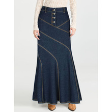 2026跨境新款欧美女式深色水洗高腰喇叭牛仔半身裙（素色