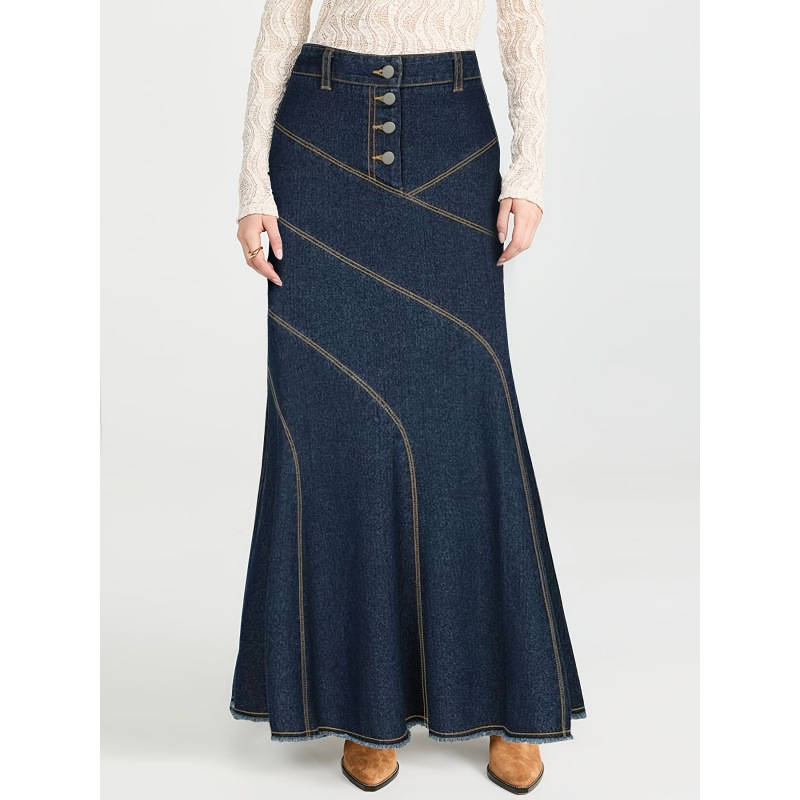 2026跨境新款欧美女式深色水洗高腰喇叭牛仔半身裙（素色