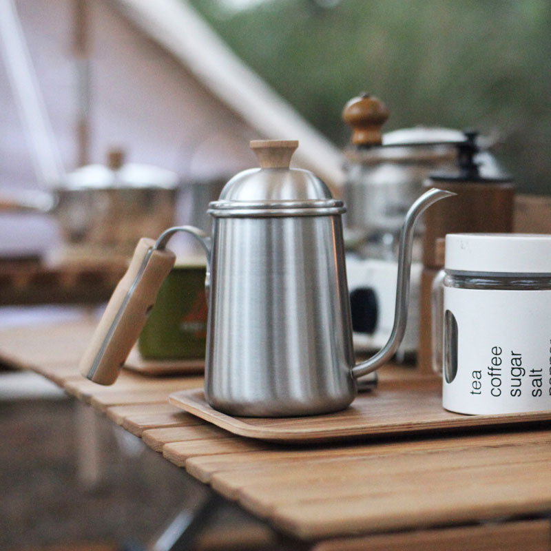 Wooden Handle Pour-Over Coffee Pot Outdoor Camping Stainless Steel Long Spout Pot Pour-Over Kettle Camping Water Boiler Hot Water Kettle