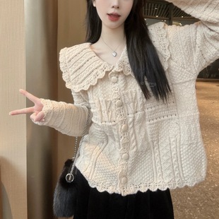 Autumn and Winter New Korean Style Loose Slimming Hollow Lace Doll Collar Knitted Cardigan Sweet Style All-match Sweater Jacket
