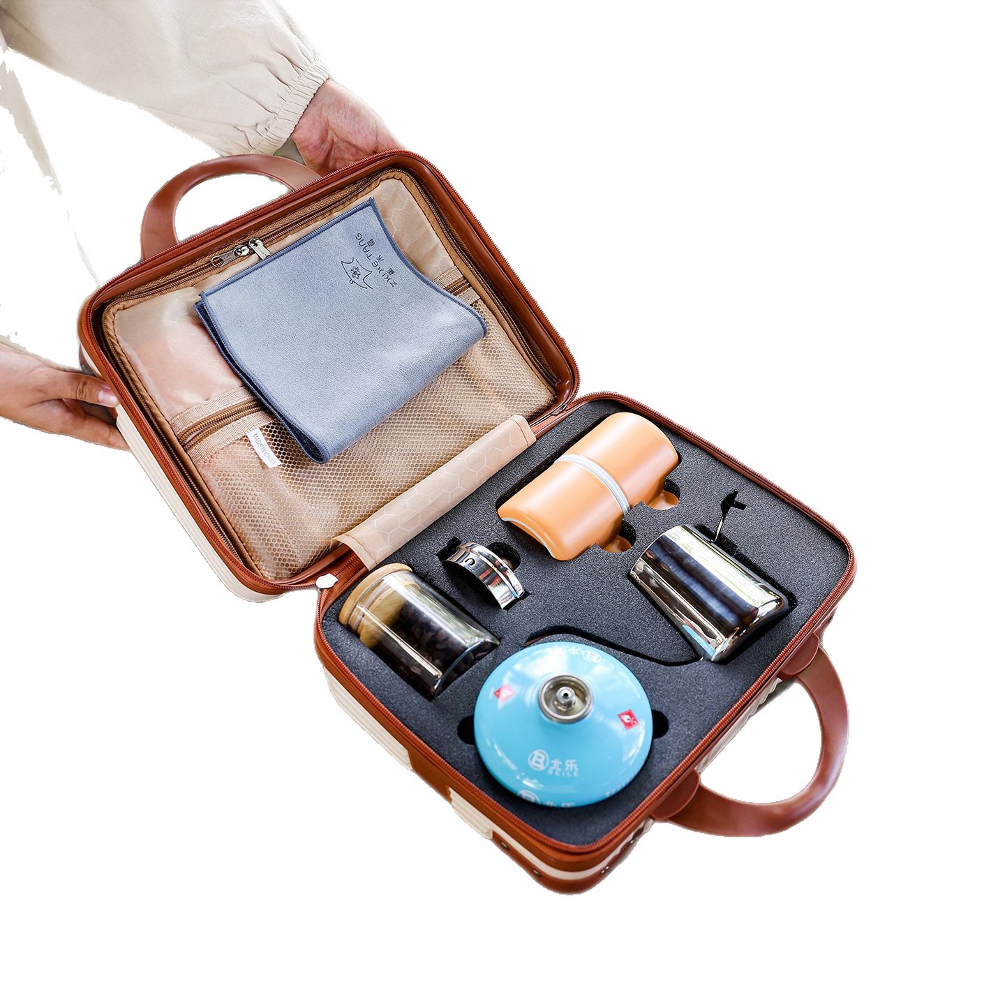 Kit de café de viaje portátil camping al aire libre molino de frijoles hervidor de mano equipo de café hervido conjunto de té y café